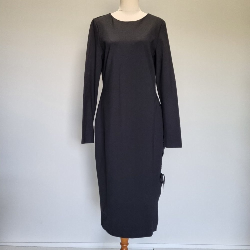 Witchery Black Ponte Lace Up Detail Bodycon Midi Dress Size 14 - Picture 2 of 9